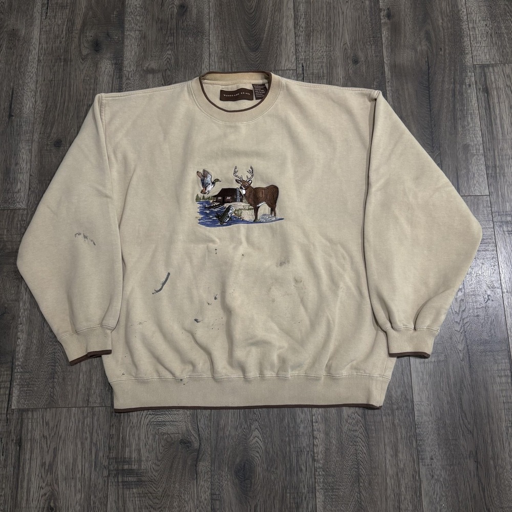 Woodland Trail Sweatshirt Mens XL Beige Fleece Pullover Wildlife Deer Cabin